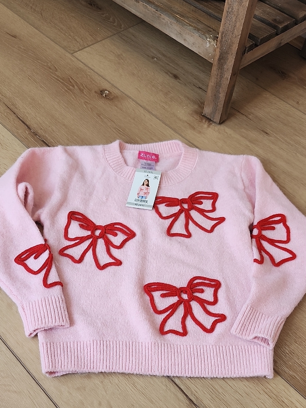Zunie Pink Sweater with Red Bows, Girls Xs 4/5